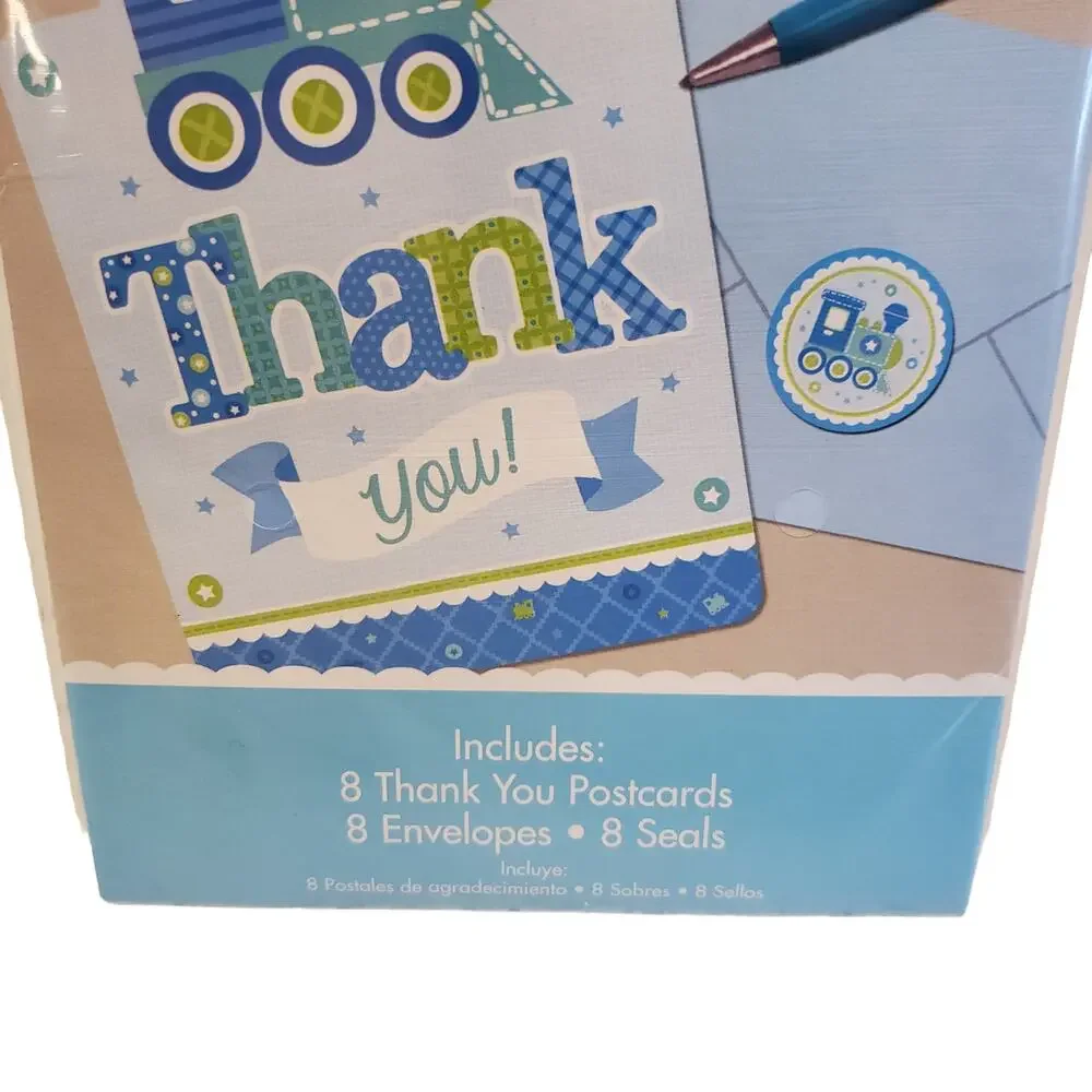 Baby Boy Thank You Cards Postcards Train Cards with Envelopes 8 Pack NEW
